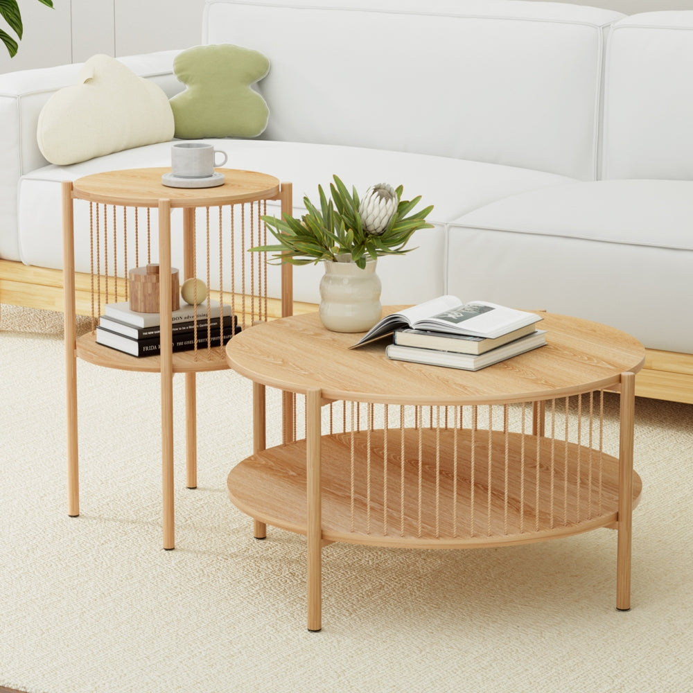 Artiss Coffee Table 2-Tier Round Wood FUR-Z-COF-0102-WD