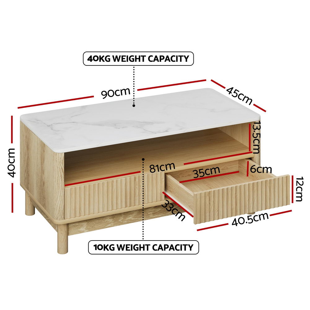 Artiss Coffee Table Drawer Shelf Marble Effect Wood&White FUR-Z-COF-03-WHWD