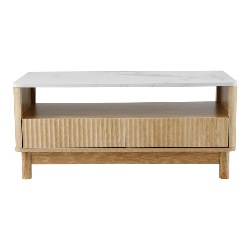 Artiss Coffee Table Drawer Shelf Marble Effect Wood&White FUR-Z-COF-03-WHWD