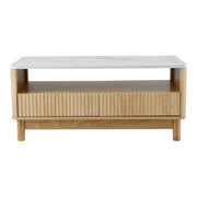 Artiss Coffee Table Drawer Shelf Marble Effect Wood&White FUR-Z-COF-03-WHWD