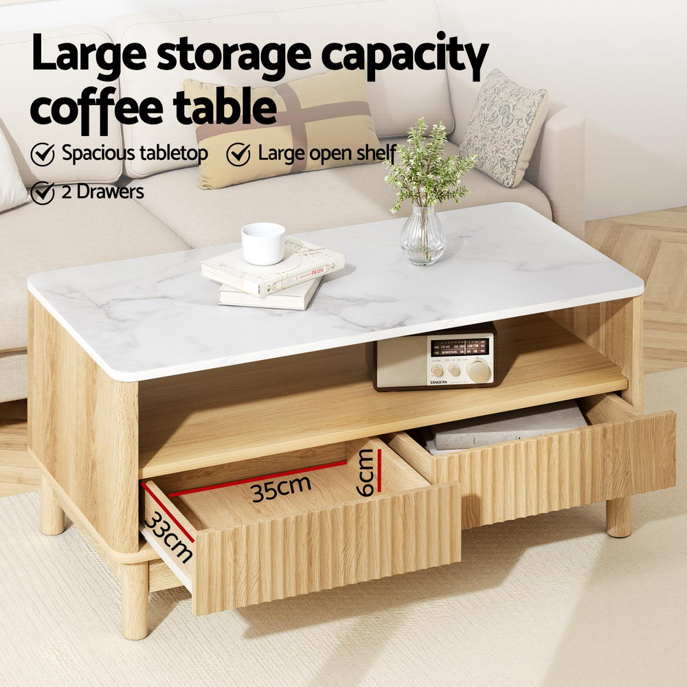 Artiss Coffee Table Drawer Shelf Marble Effect Wood&White FUR-Z-COF-03-WHWD