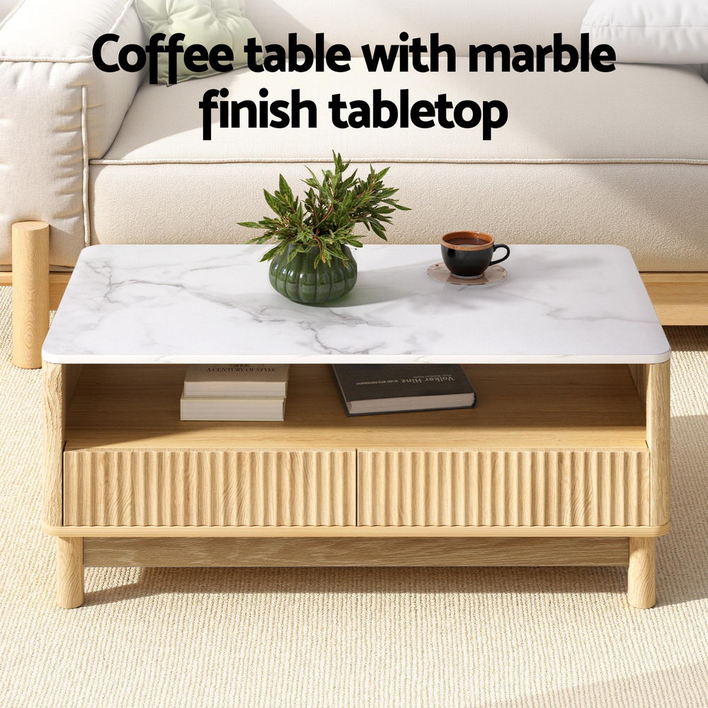 Artiss Coffee Table Drawer Shelf Marble Effect Wood&White FUR-Z-COF-03-WHWD