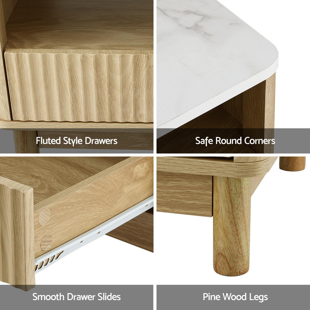 Artiss Coffee Table Drawer Shelf Marble Effect Wood&White FUR-Z-COF-03-WHWD