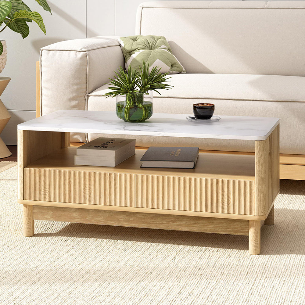 Artiss Coffee Table Drawer Shelf Marble Effect Wood&White FUR-Z-COF-03-WHWD