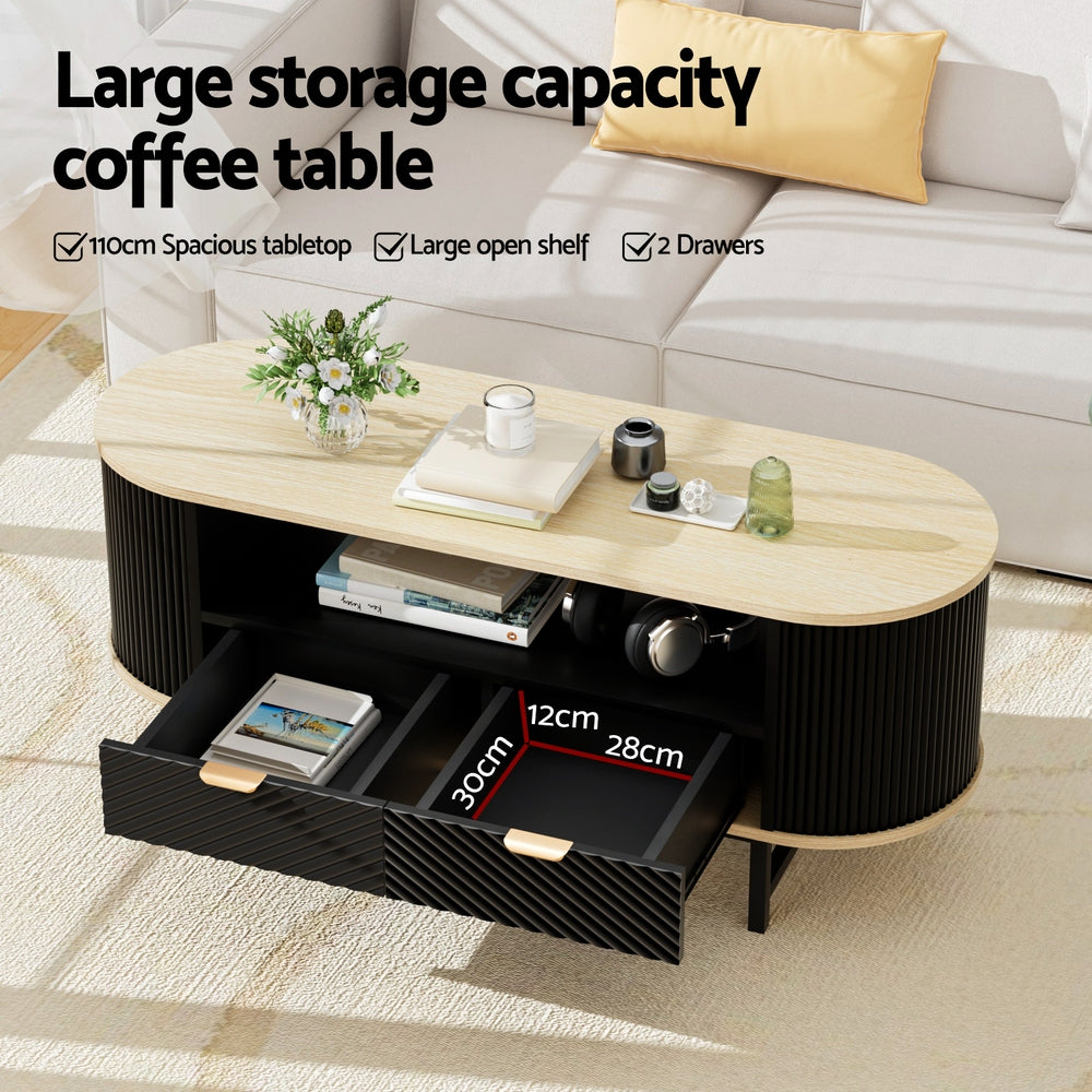 Artiss Coffee Table Drawer Shelf Wood&Black FUR-Z-COF-04-BKWD