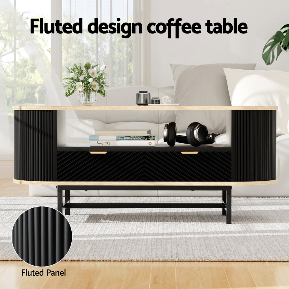 Artiss Coffee Table Drawer Shelf Wood&Black FUR-Z-COF-04-BKWD