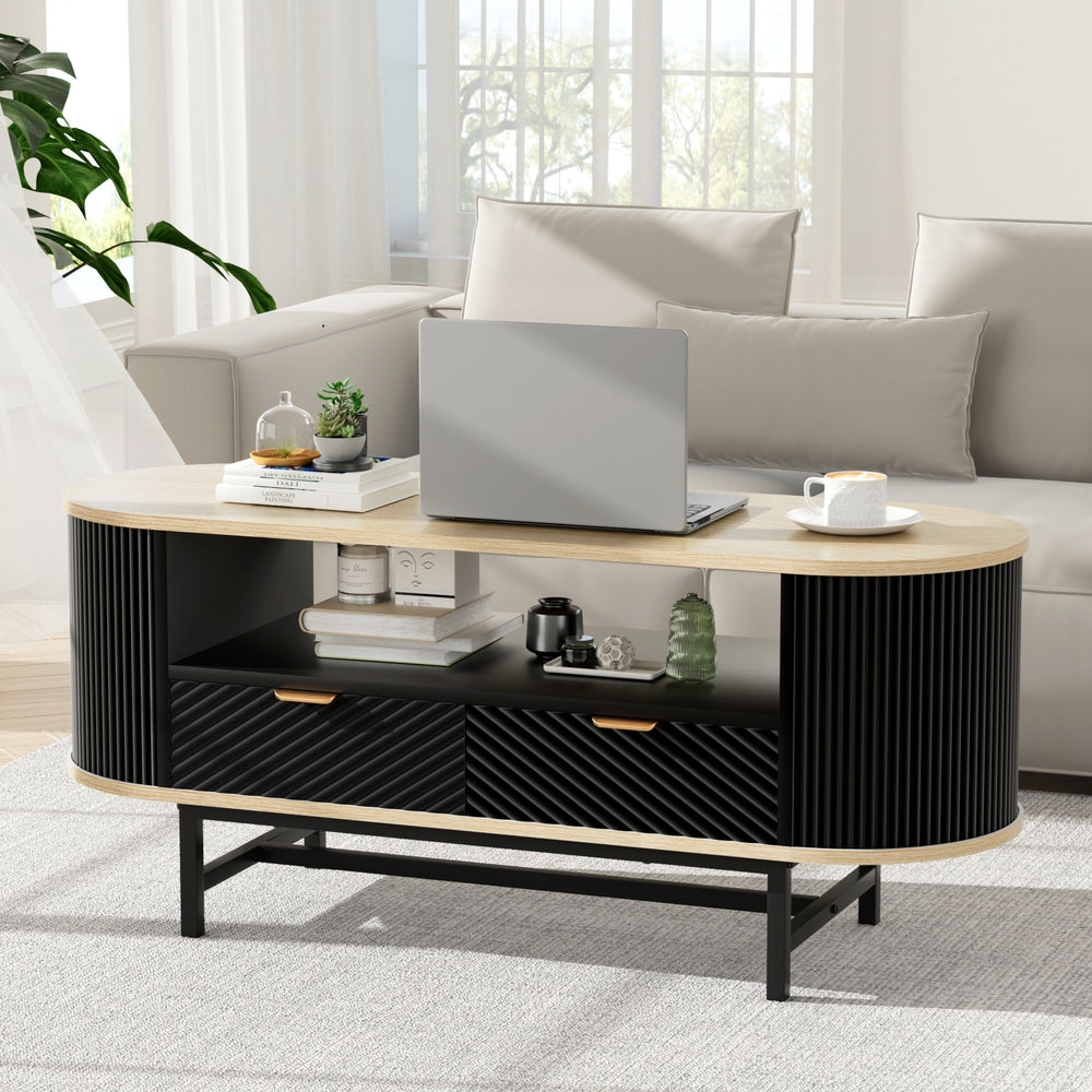 Artiss Coffee Table Drawer Shelf Wood&Black FUR-Z-COF-04-BKWD