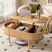 Artiss Lift Top Coffee Table Fluted Centre Table with Hidden Storage Oval 100cm FUR-Z-COF-05-LIFT-WD