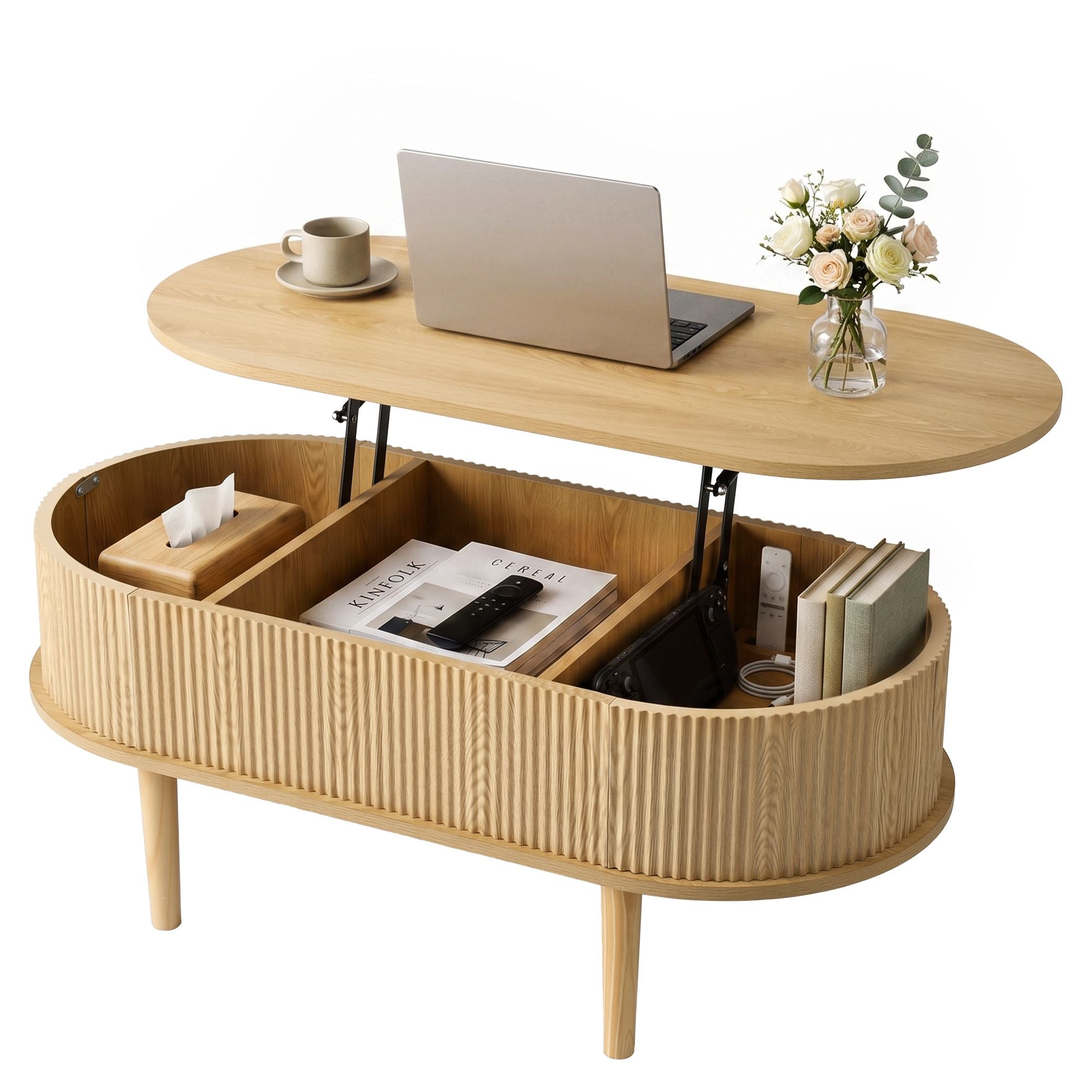 Artiss Lift Top Coffee Table Fluted Centre Table with Hidden Storage Oval 100cm FUR-Z-COF-05-LIFT-WD
