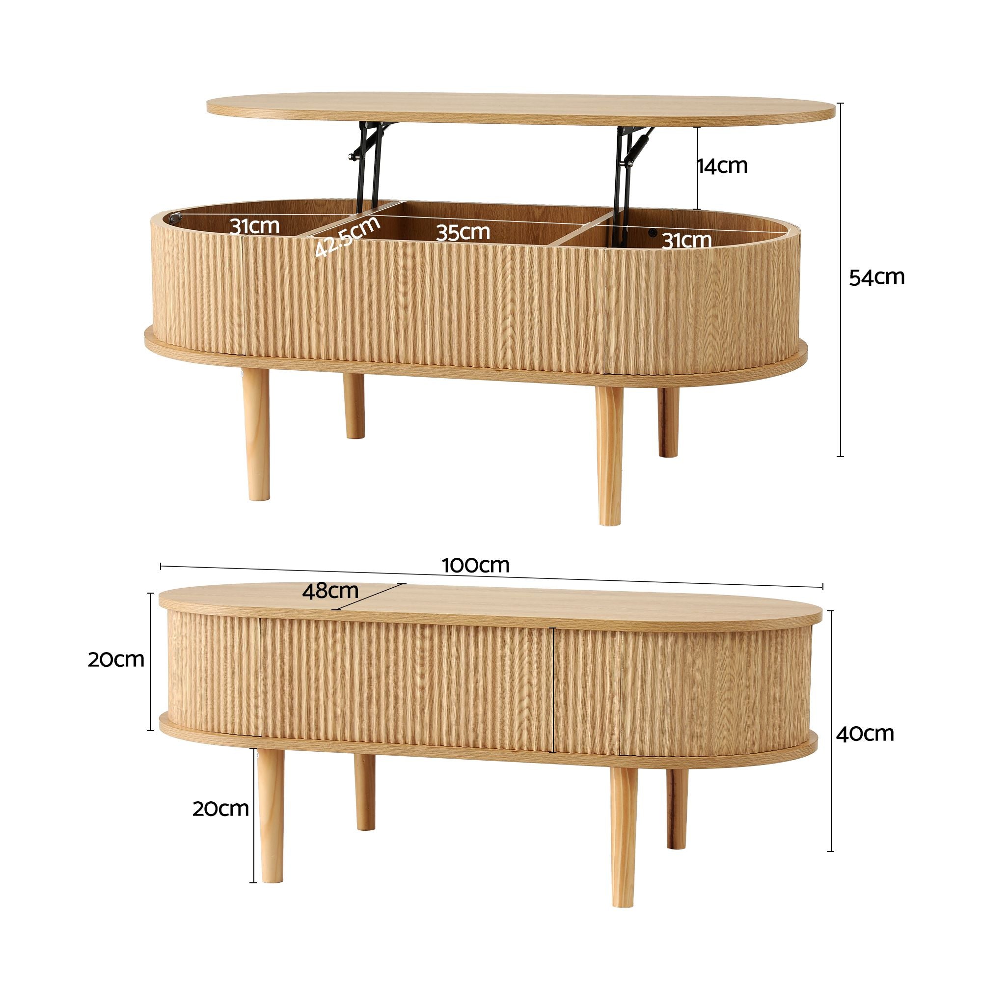 Artiss Lift Top Coffee Table Fluted Centre Table with Hidden Storage Oval 100cm FUR-Z-COF-05-LIFT-WD