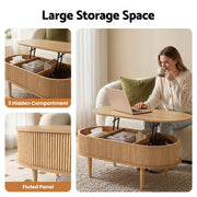 Artiss Lift Top Coffee Table Fluted Centre Table with Hidden Storage Oval 100cm FUR-Z-COF-05-LIFT-WD