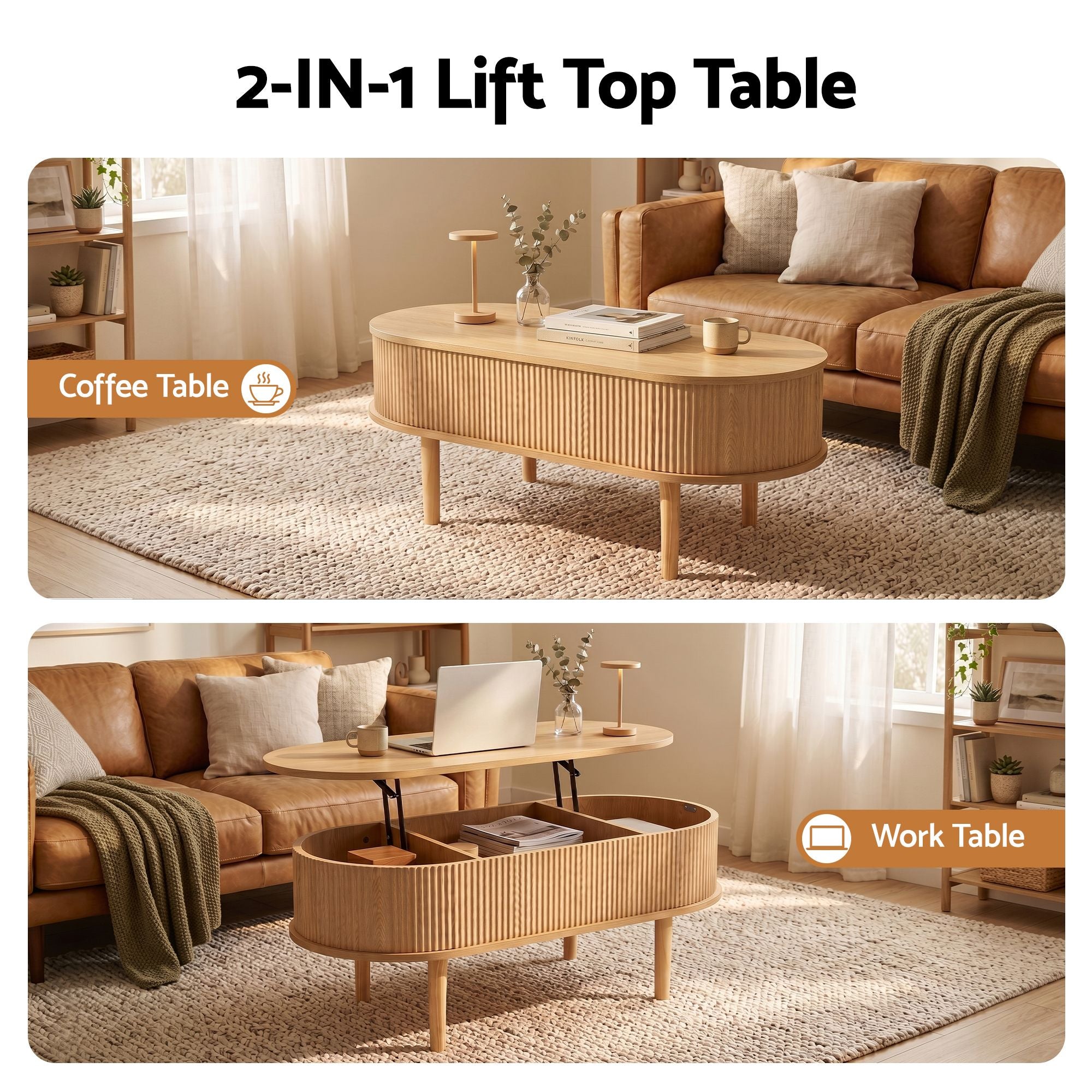 Artiss Lift Top Coffee Table Fluted Centre Table with Hidden Storage Oval 100cm FUR-Z-COF-05-LIFT-WD