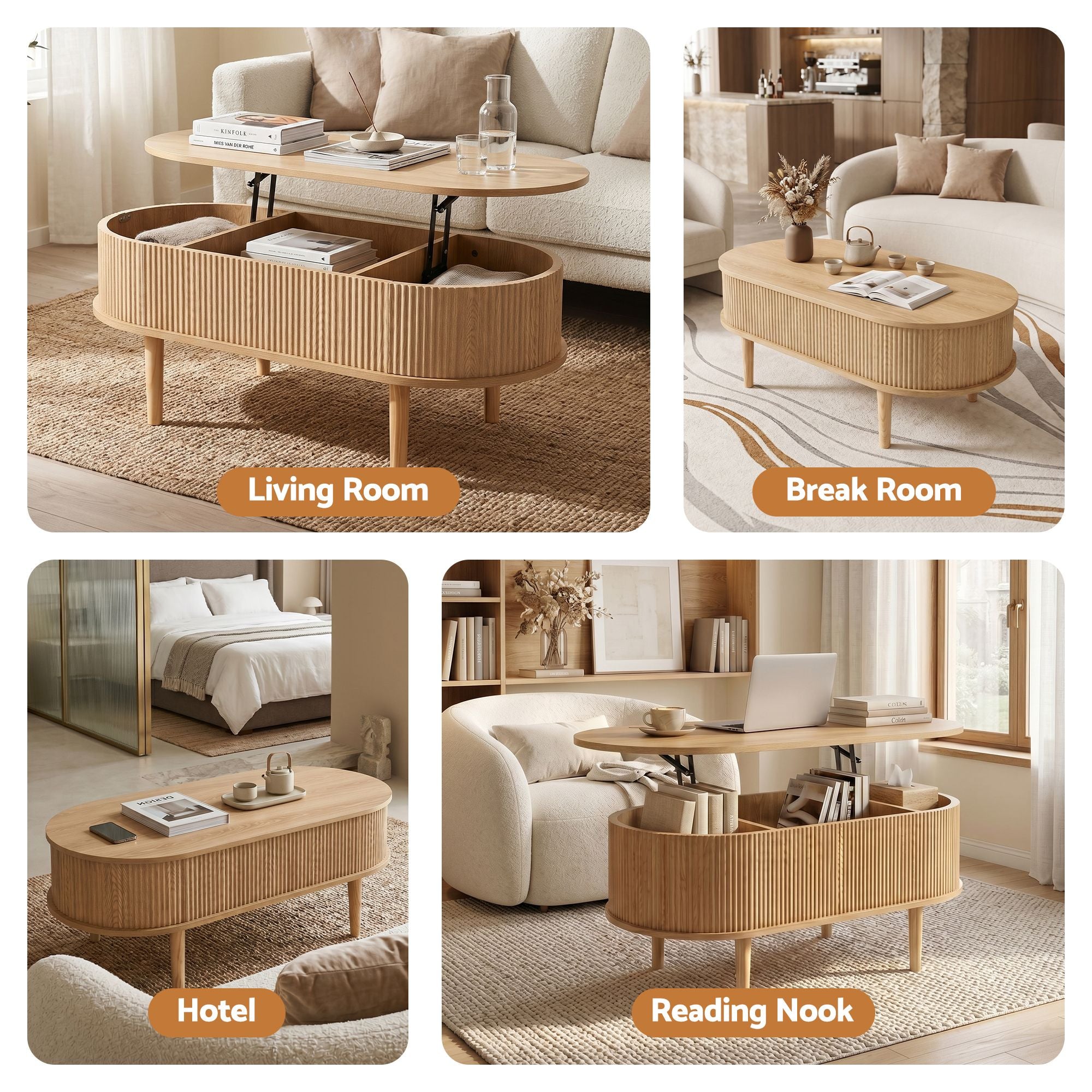 Artiss Lift Top Coffee Table Fluted Centre Table with Hidden Storage Oval 100cm FUR-Z-COF-05-LIFT-WD
