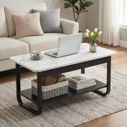 Artiss Coffee Table 2-Tier 80CM Marble Finish Shelf Black&White FUR-Z-COF-06-WHBK