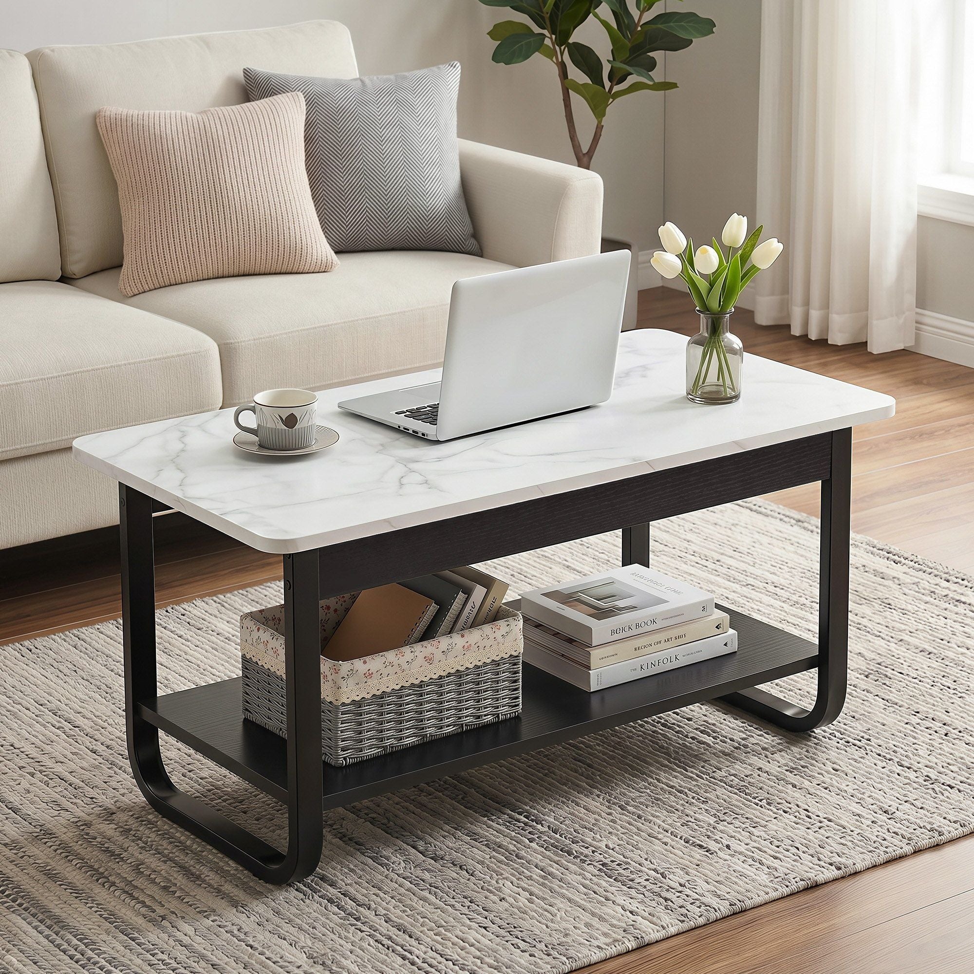 Artiss Coffee Table 2-Tier 80CM Marble Finish Shelf Black&White FUR-Z-COF-06-WHBK