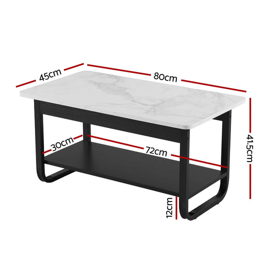 Artiss Coffee Table 2-Tier 80CM Marble Finish Shelf Black&White FUR-Z-COF-06-WHBK