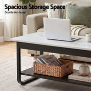 Artiss Coffee Table 2-Tier 80CM Marble Finish Shelf Black&White FUR-Z-COF-06-WHBK