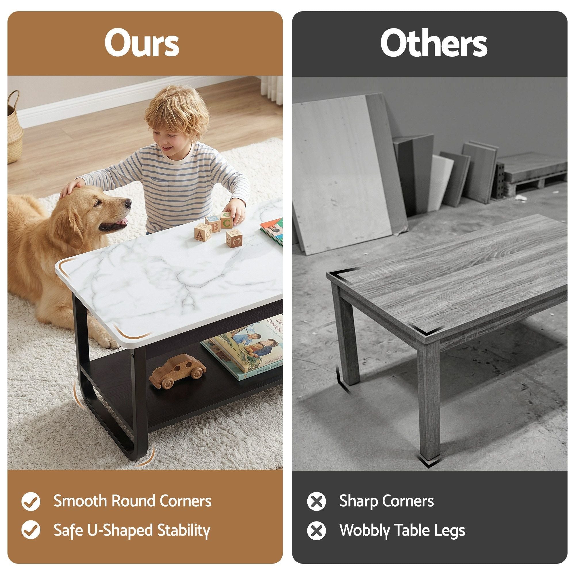 Artiss Coffee Table 2-Tier 80CM Marble Finish Shelf Black&White FUR-Z-COF-06-WHBK