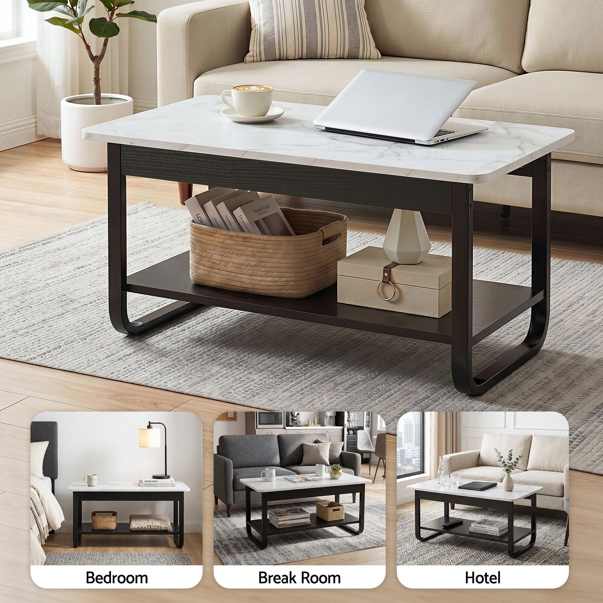 Artiss Coffee Table 2-Tier 80CM Marble Finish Shelf Black&White FUR-Z-COF-06-WHBK