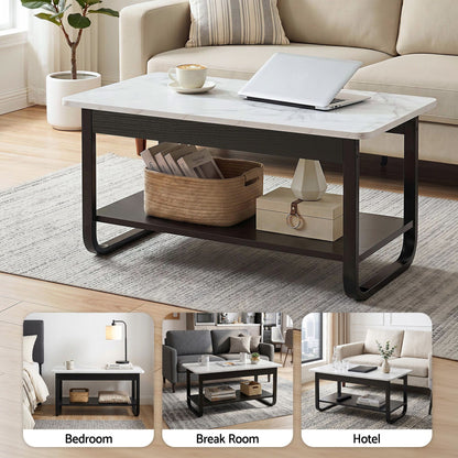 Artiss Coffee Table 2-Tier 80CM Marble Finish Shelf Black&White FUR-Z-COF-06-WHBK