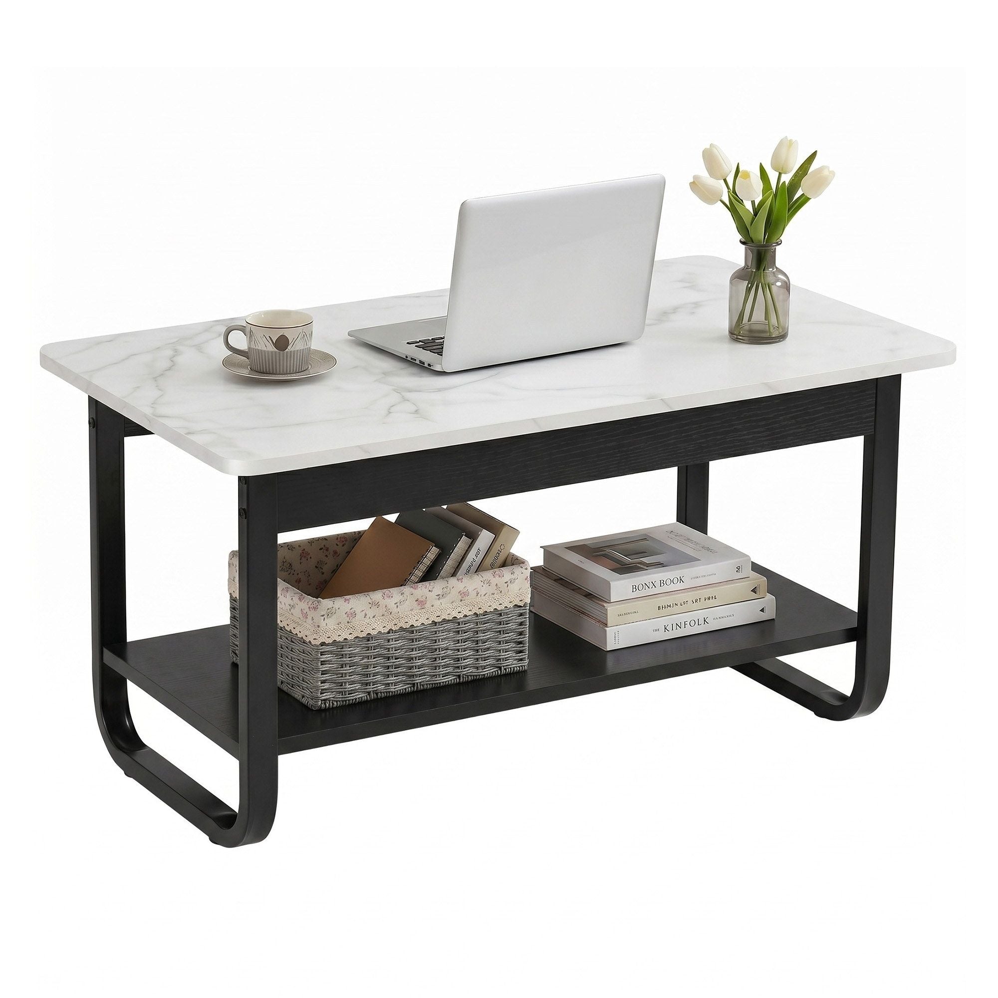 Artiss Coffee Table 2-Tier 80CM Marble Finish Shelf Black&White FUR-Z-COF-06-WHBK