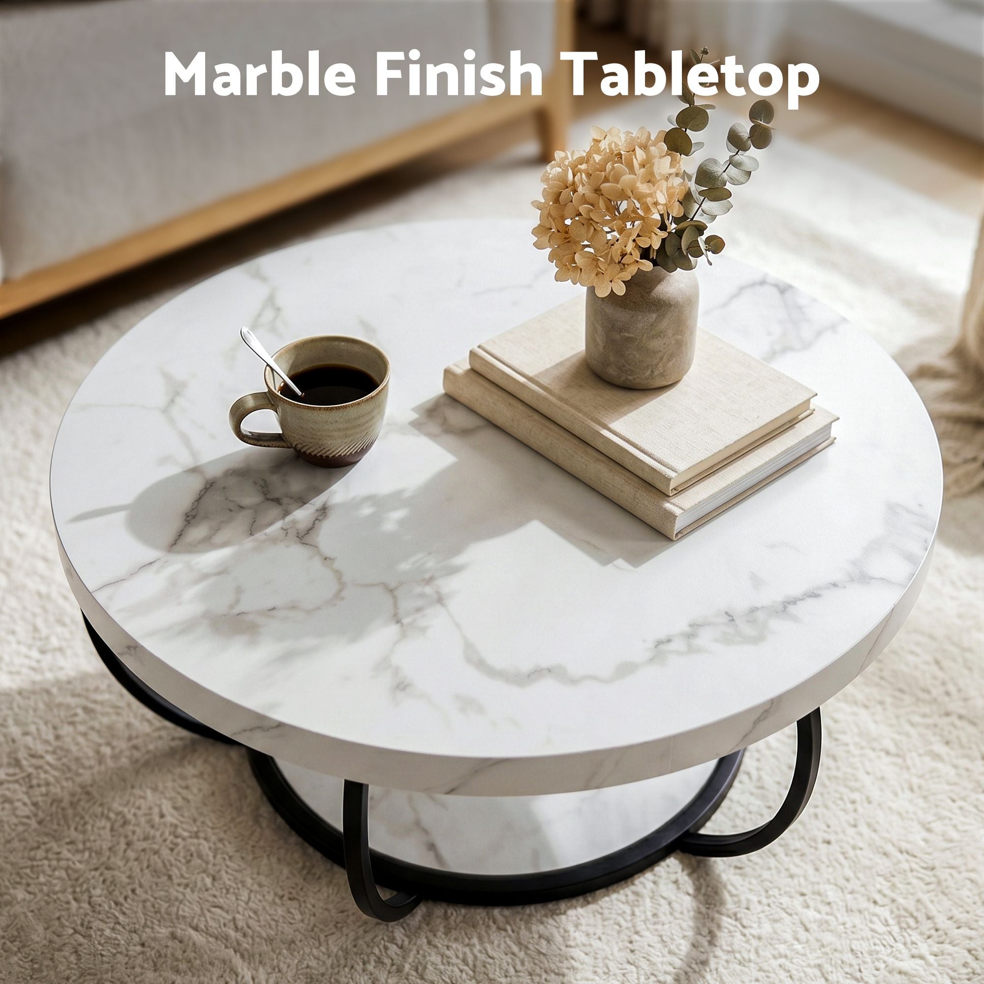 Artiss Coffee Table 2-Tier Marble Finish Round White&Black FUR-Z-COF-07-WHBK