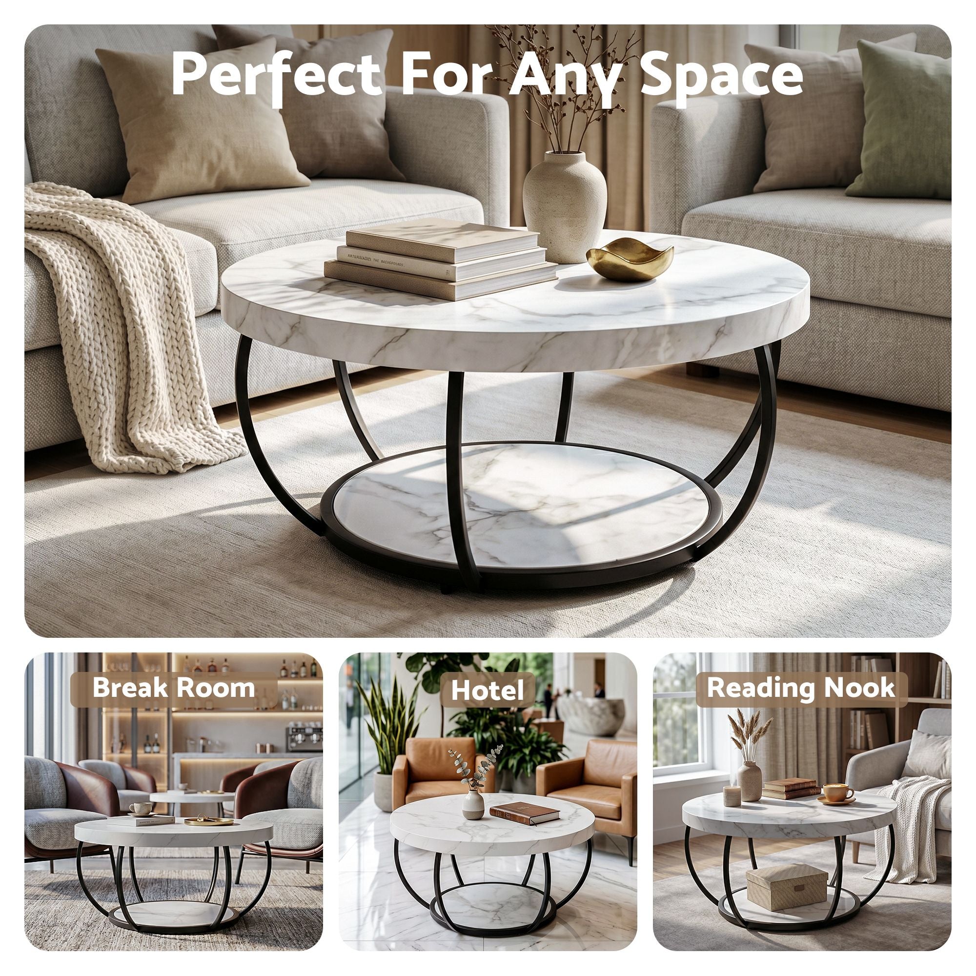 Artiss Coffee Table 2-Tier Marble Finish Round White&Black FUR-Z-COF-07-WHBK