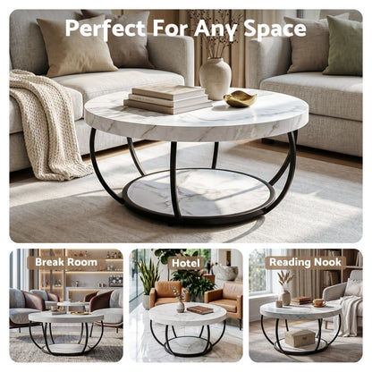 Artiss Coffee Table 2-Tier Marble Finish Round White&Black FUR-Z-COF-07-WHBK