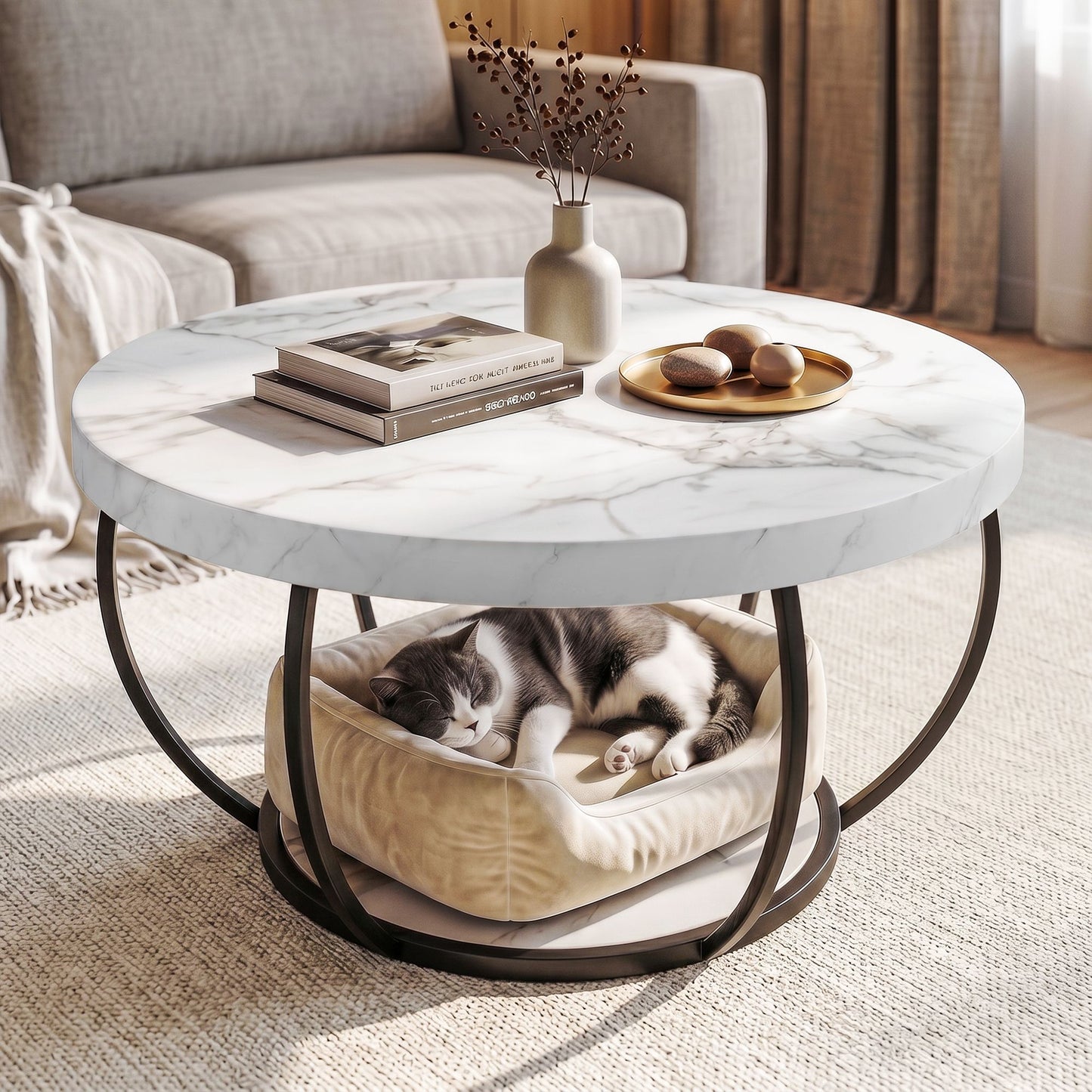 Artiss Coffee Table 2-Tier Marble Finish Round White&Black FUR-Z-COF-07-WHBK