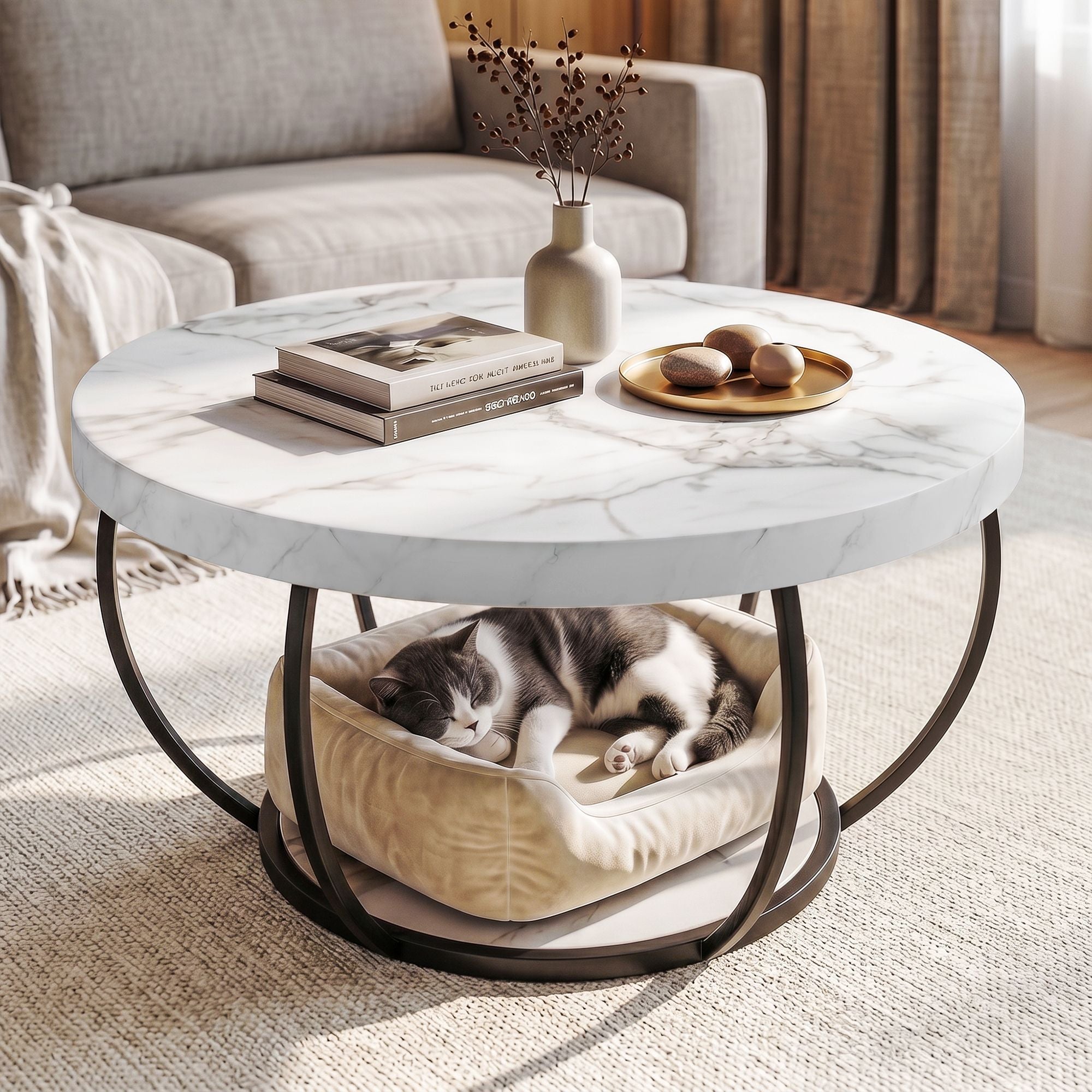 Artiss Coffee Table 2-Tier Marble Finish Round White&Black FUR-Z-COF-07-WHBK