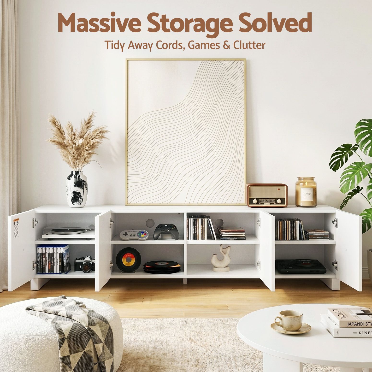 Artiss TV Unit Entertainment Unit Storage Cabinet Adjustable Shelf 180cm White FUR-Z-CT04-TV180-WH-AB