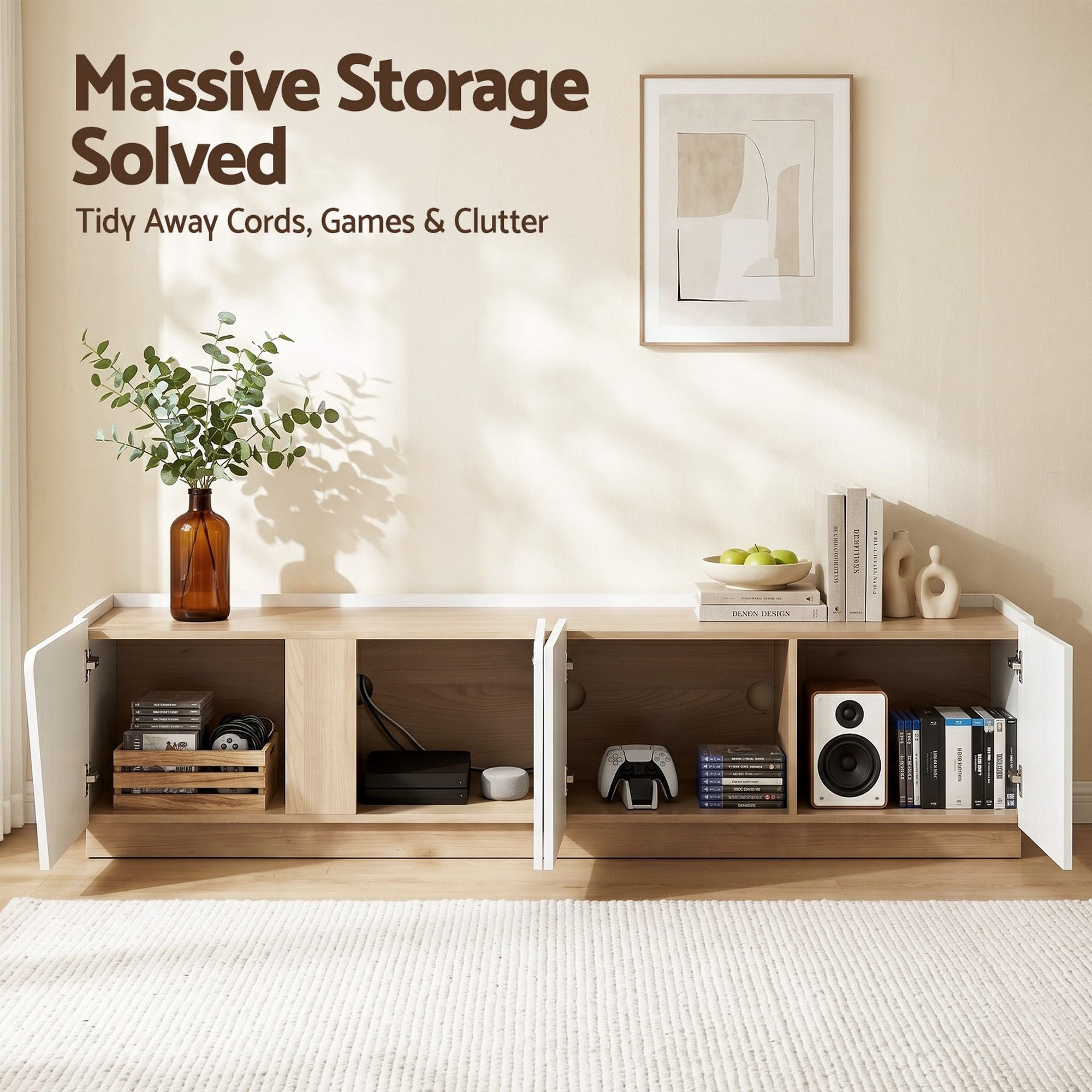 Artiss 180cm TV Unit Storage Cabinet Living Room White & Pine FUR-Z-CT05-TV180-GY-AB