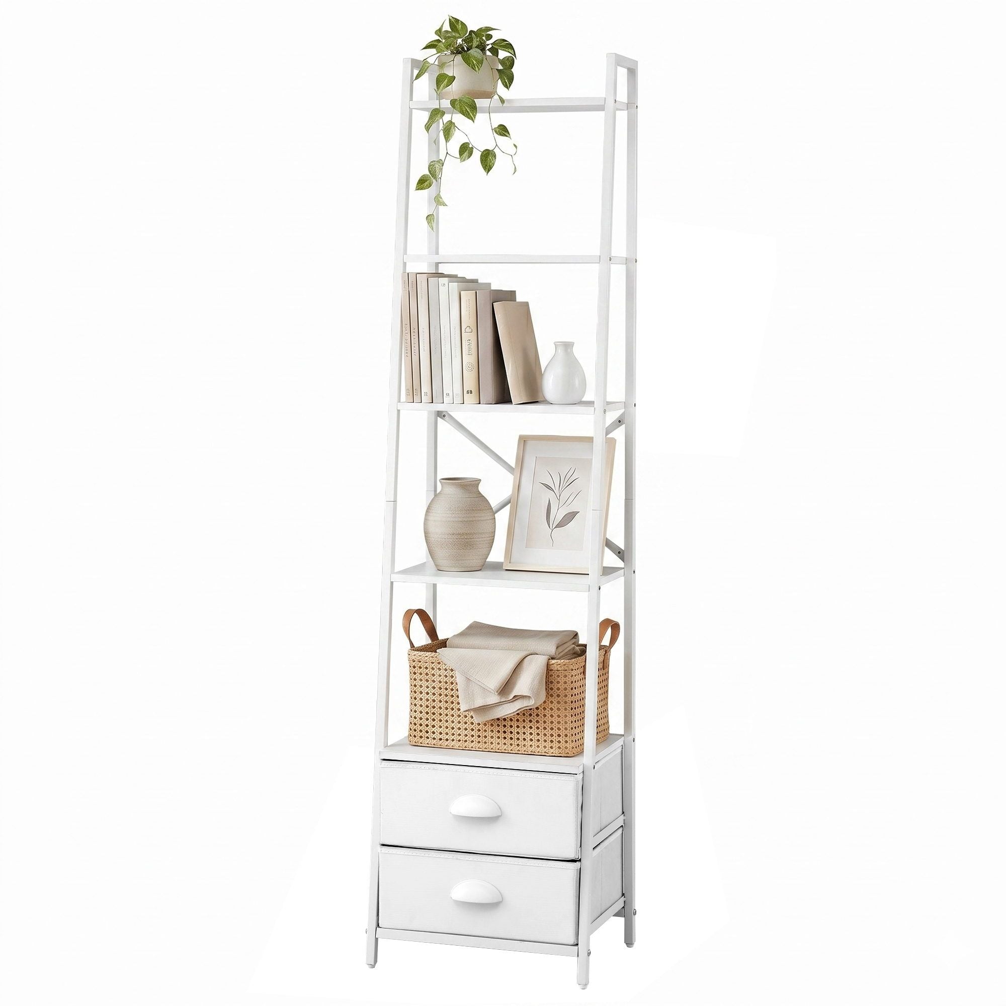 Artiss 5 Tier Bookshelf Ladder Bookcase with Fabric Drawers Display Rack White FUR-Z-DS-5TR-WH