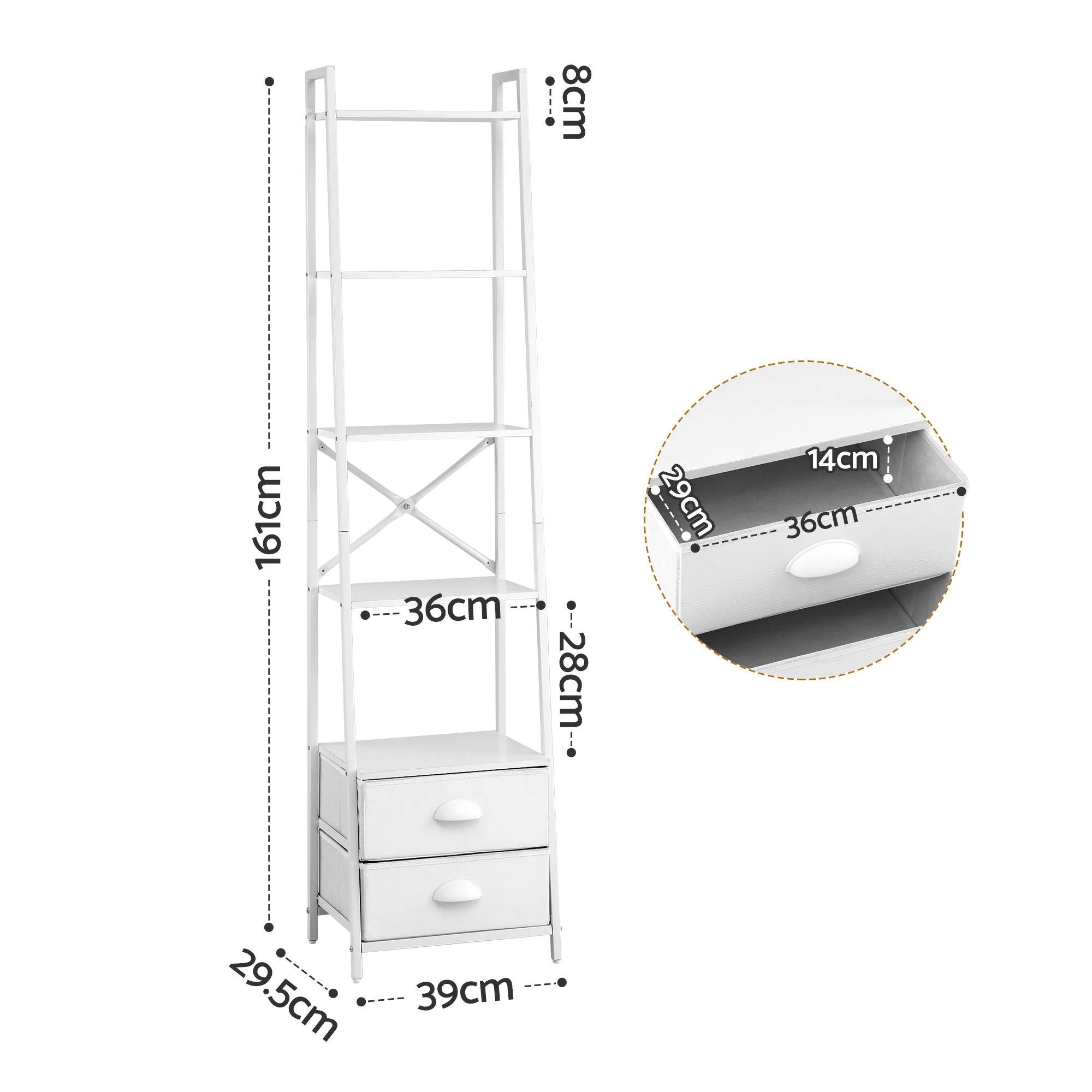 Artiss 5 Tier Bookshelf Ladder Bookcase with Fabric Drawers Display Rack White FUR-Z-DS-5TR-WH