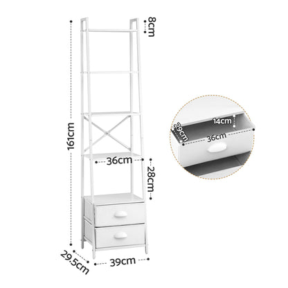 Artiss 5 Tier Bookshelf Ladder Bookcase with Fabric Drawers Display Rack White FUR-Z-DS-5TR-WH