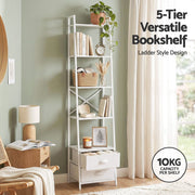 Artiss 5 Tier Bookshelf Ladder Bookcase with Fabric Drawers Display Rack White FUR-Z-DS-5TR-WH