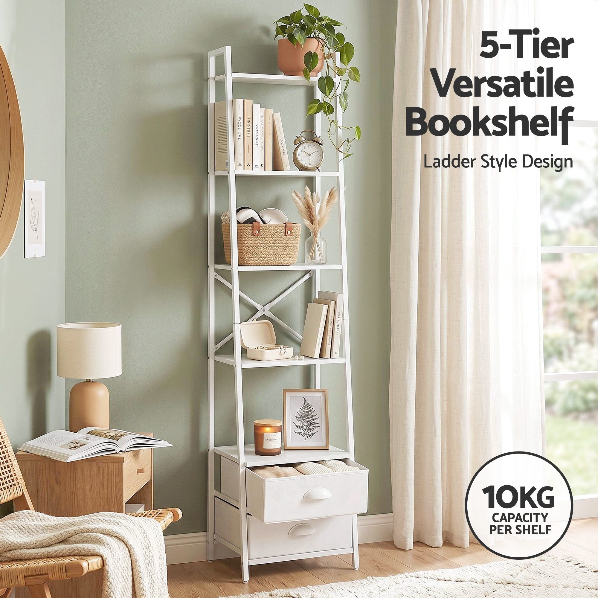 Artiss 5 Tier Bookshelf Ladder Bookcase with Fabric Drawers Display Rack White FUR-Z-DS-5TR-WH
