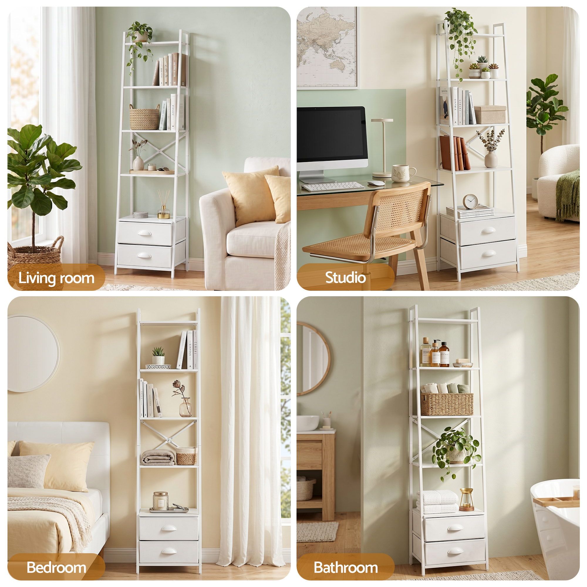 Artiss 5 Tier Bookshelf Ladder Bookcase with Fabric Drawers Display Rack White FUR-Z-DS-5TR-WH