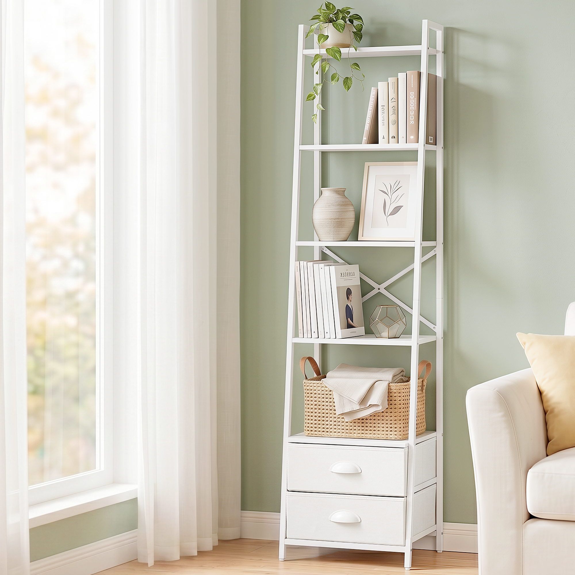 Artiss 5 Tier Bookshelf Ladder Bookcase with Fabric Drawers Display Rack White FUR-Z-DS-5TR-WH