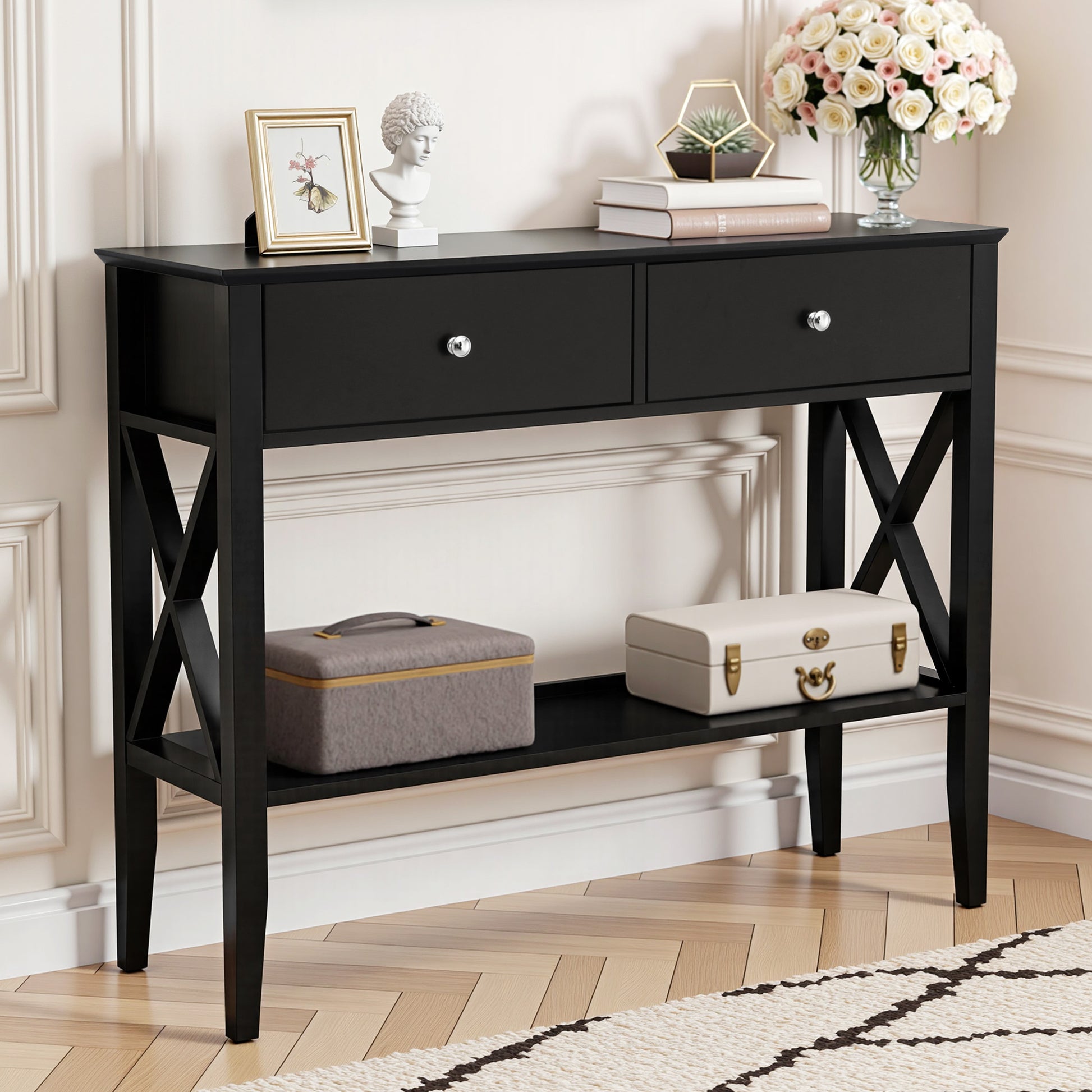 Artiss Console Table 2 Drawers 100CM Black FUR-Z-HS-2D100-BK