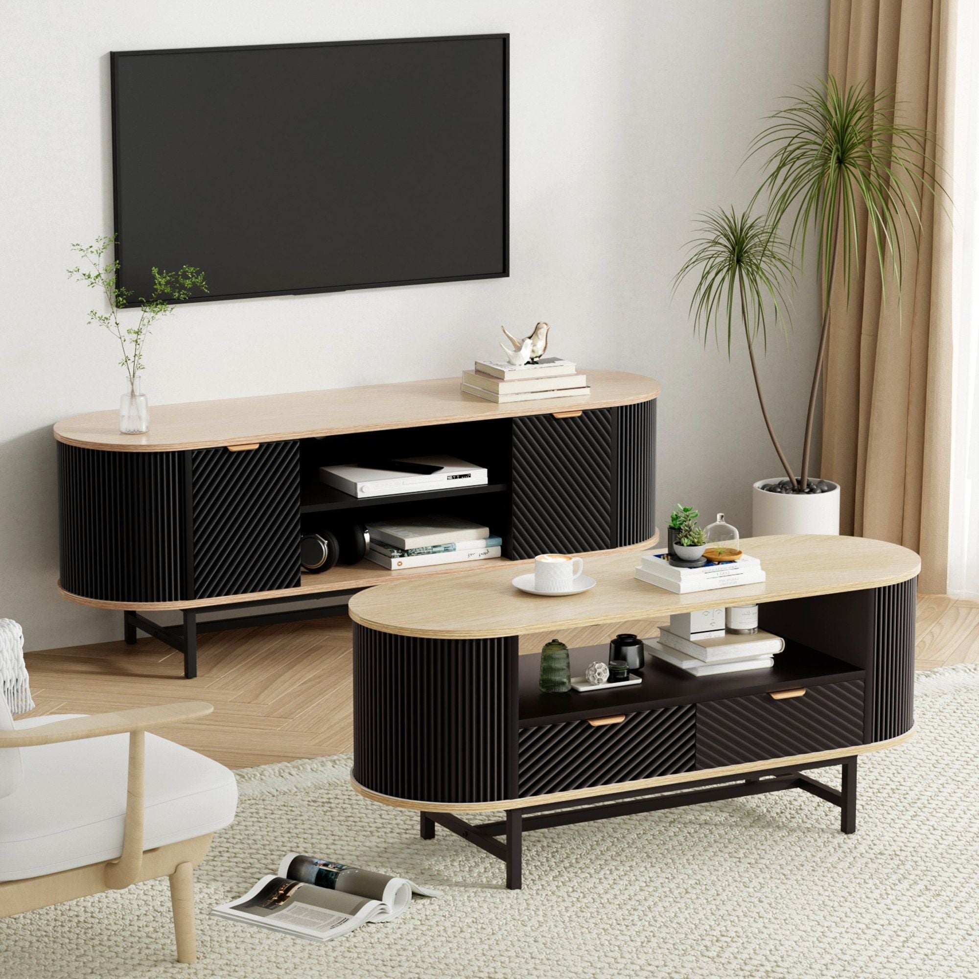 Artiss TV Unit & Coffee Table Set Storage Drawers Shelves Black Pine FUR-Z-TV-COF-BKWD