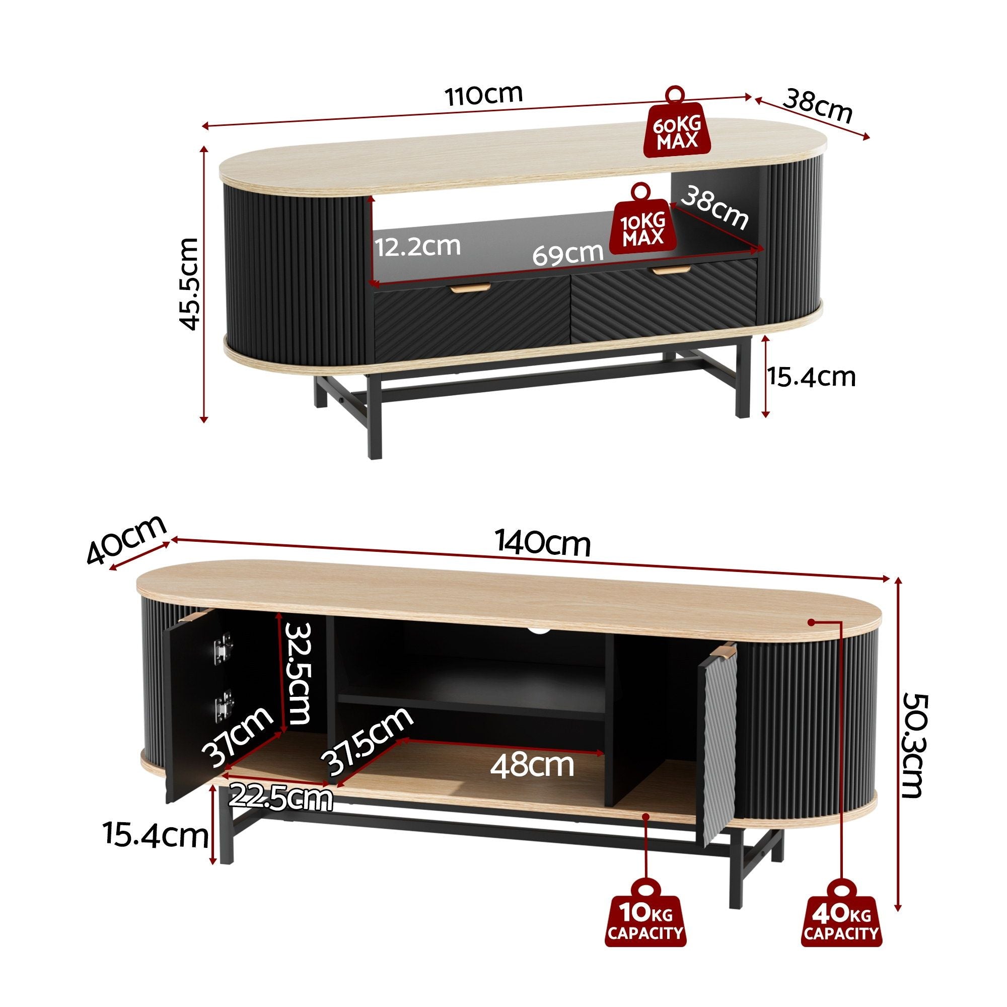 Artiss TV Unit & Coffee Table Set Storage Drawers Shelves Black Pine FUR-Z-TV-COF-BKWD