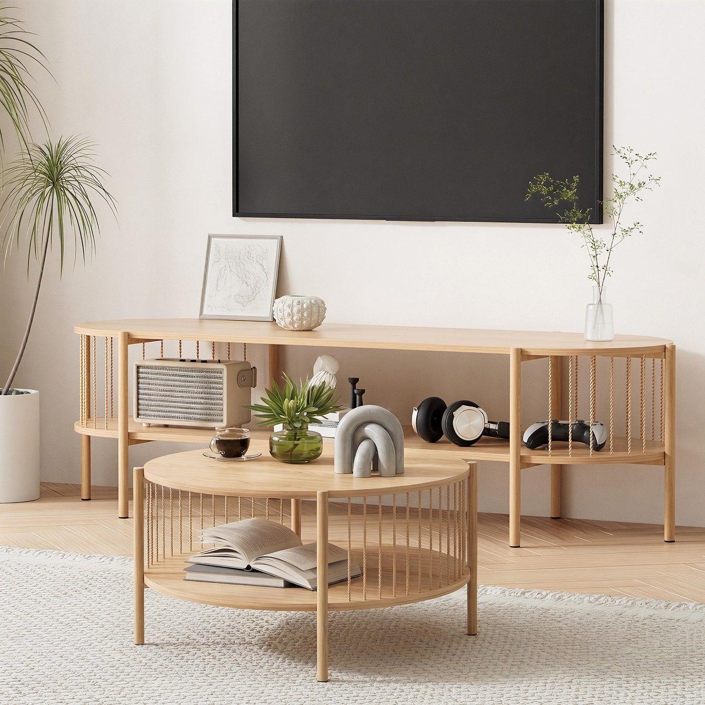 Artiss TV Unit & Coffee Table Set Storage Shelf Pine FUR-Z-TV-COF-WD
