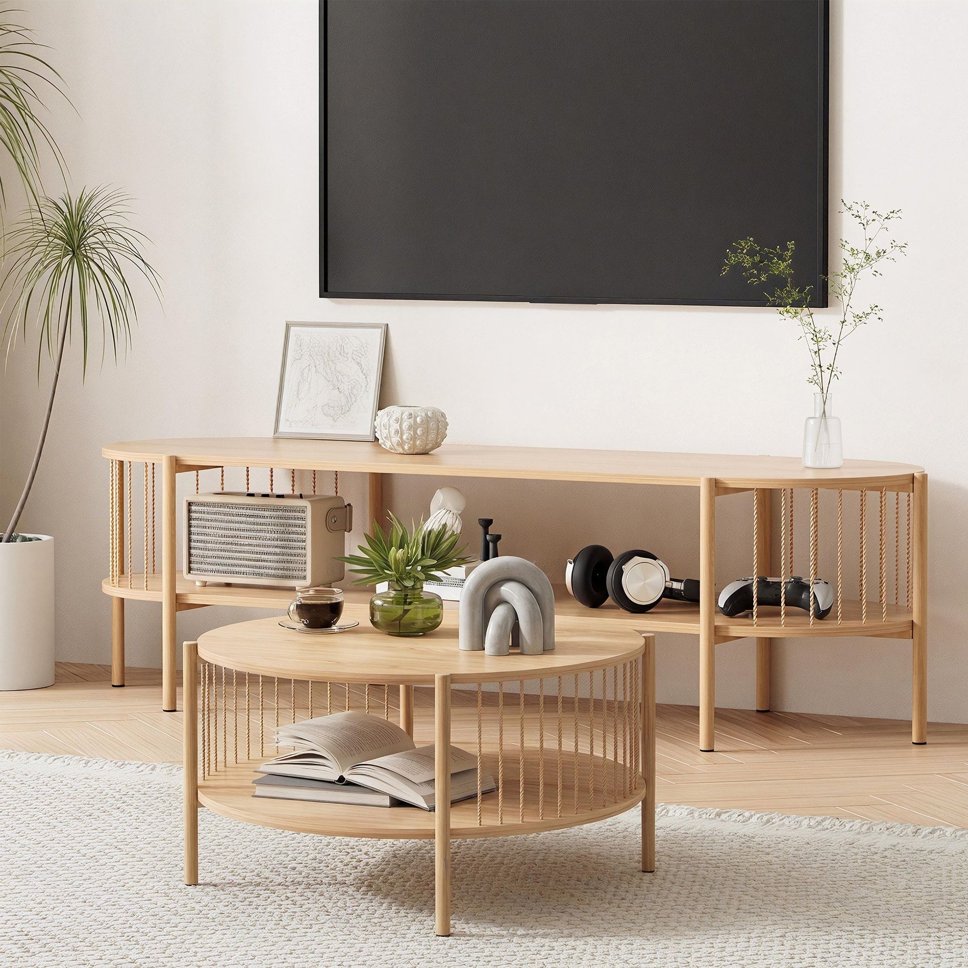 Artiss TV Unit & Coffee Table Set Storage Shelf Pine FUR-Z-TV-COF-WD