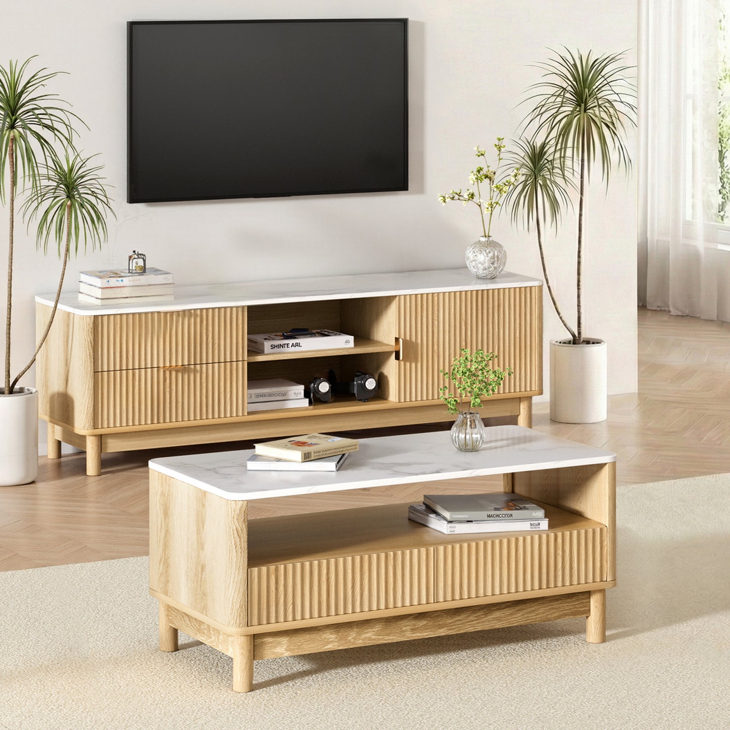 Artiss TV Unit & Coffee Table Set Storage Drawers Pine FUR-Z-TV-COF-WHWD