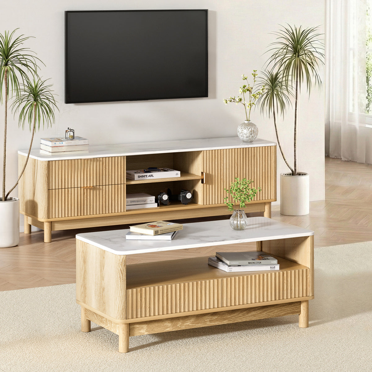 Artiss TV Unit & Coffee Table Set Storage Drawers Pine FUR-Z-TV-COF-WHWD
