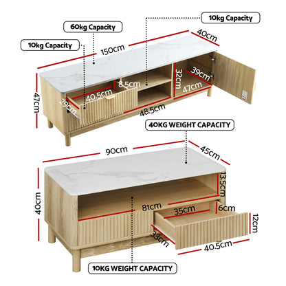 Artiss TV Unit & Coffee Table Set Storage Drawers Pine FUR-Z-TV-COF-WHWD