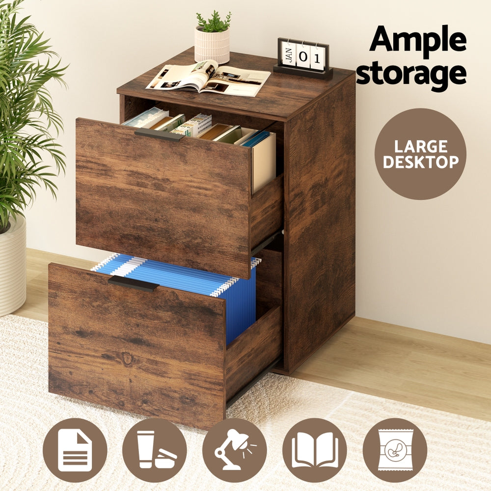 Artiss Filing Cabinet Files Storage Office Shelves File Organiser Rustic Brown 2 Drawer FURNI-B-CAB-2T-RW