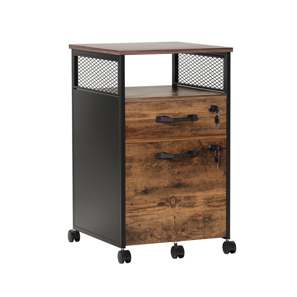 Artiss Filing Cabinet File Cabinet with Wheels 2 Drawer Storage Rustic Brown FURNI-B-CAB-2T-SHELF-RW