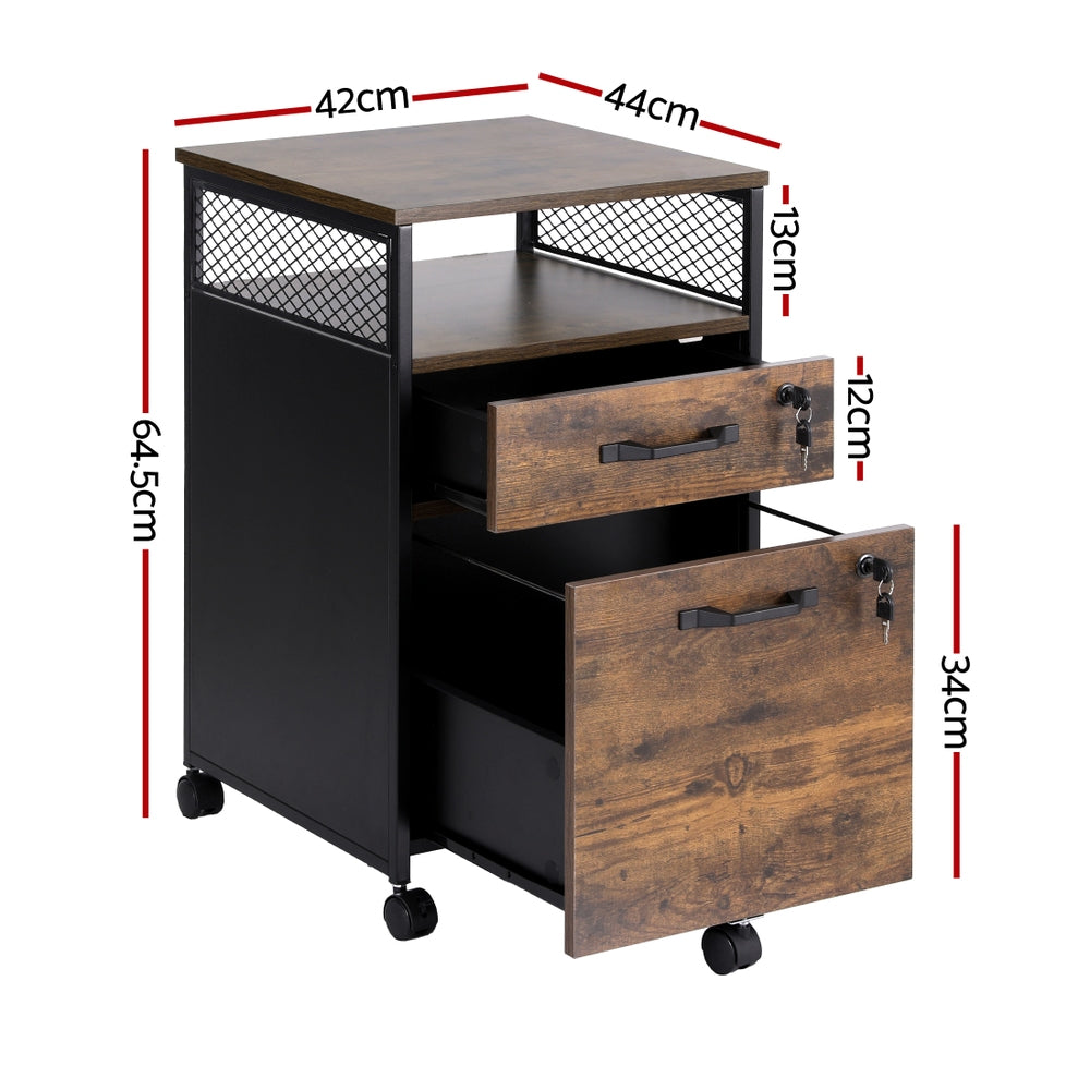 Artiss Filing Cabinet File Cabinet with Wheels 2 Drawer Storage Rustic Brown FURNI-B-CAB-2T-SHELF-RW